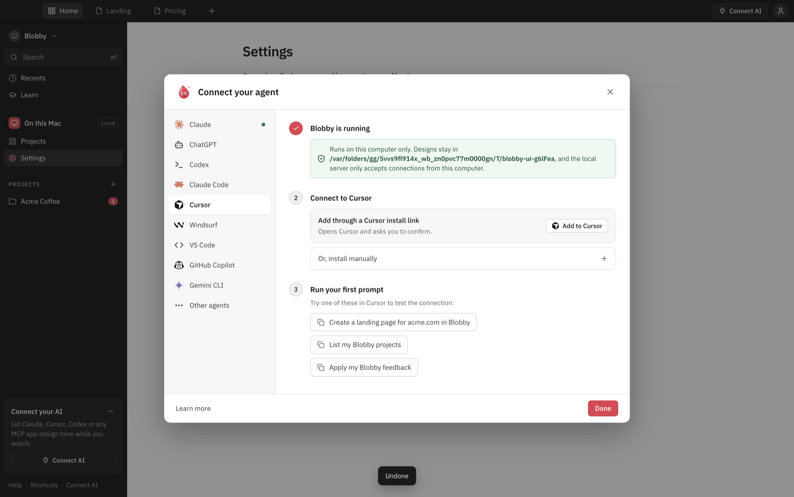 Blobby's Connect your agent dialog listing Claude, Codex, Cursor and more