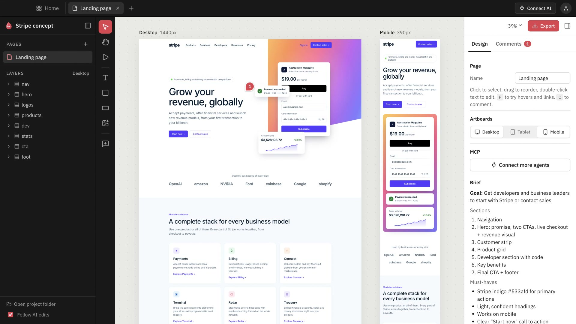 The Blobby editor with a Stripe-style concept page on desktop and mobile artboards, the layers tree and the page brief